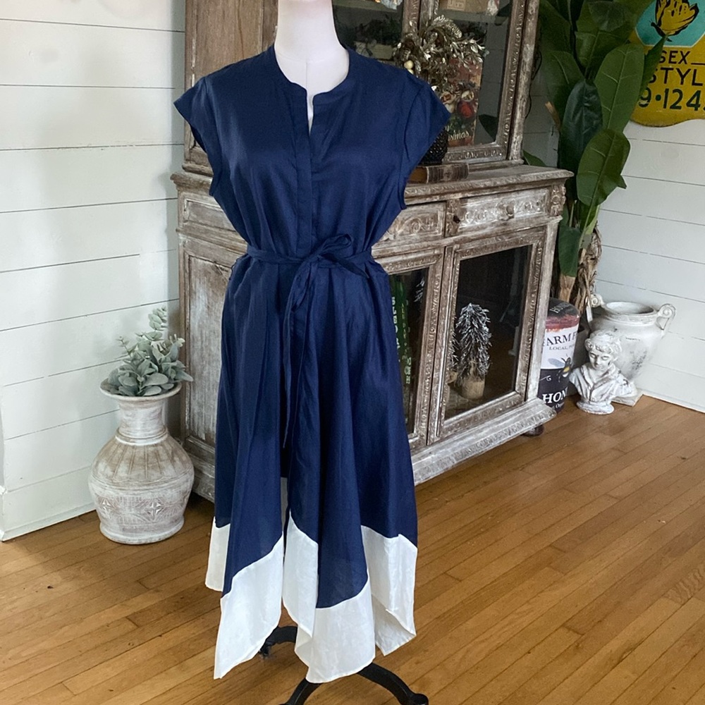 DKNY PURE LINEN ASSYMETRICAL BELTED SLEEVELESS DRESS 14 NEW